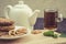 tea with mint a peach and pastries/tea with mint a peach and pastries. Toned