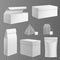 Tea package. Realistic paper rectangular white boxes and different tea bags with blank labels, 3d isolated zip packing