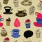 Tea party background in blue colours, pattern design illustration. Cups and cakes.