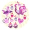 Tea party. Beautiful round pattern with funny rooster, hen and spring chickens, cup of tea, teapot and pastry. Pretty design card