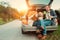 Tea party in car truck - loving couple with dog sits in car truck