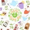 Tea party collection, vector illustration background. Cup of tea on spring background, herbs, teapot and teakettle with