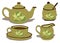 Tea party Decorative tea set with a floral pattern. Isolated teapot, tea cup, jug of milk and sugar bowl. Vector illustration.