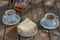 Tea party with sweet Russian waffles on a wooden background. Traditional sweets and dessert