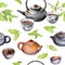 Tea pattern with asian teapot, cups, green leaves. Watercolor. Seamless background with chinese oriental pottery and