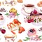 Tea pattern - flowers, teacup, cakes, bird. Food watercolor. Seamless background