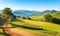 Tea plantation fields, cascade valley landscape with mount, scenery of meadows with mountains backdrop, terraced agriculture