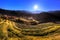 Tea plantation on misty morning with sun radius at Doi Ang Khang in Chiang Mai, THAILAND.