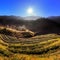 Tea plantation on misty morning with sun radius at Doi Ang Khang in Chiang Mai, THAILAND.