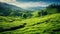 A tea plantation with a natural and peaceful atmosphere of green terraces and a sunny sky