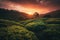 tea plantation with sunset, showcasing the bright and changing colors of the sky