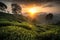 tea plantation sunset, with view of the sun setting over the horizon