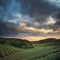 Tea plantation valley at dramatic pink sunset sky in Taiwan