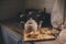 Tea pot and cookies in rustic grey kitchen interior. Slow living in country house concept