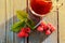 Tea with ripe raspberries and green fresh brewed leaves healthy for health on a wooden table