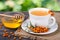 Tea of sea-buckthorn berries with honey on wooden table blurred garden background