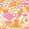 Tea seamless doodle teatime backdrop.Cakes to celebrate a