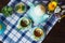 Tea set on the dark blue tablecloth