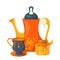 Tea set. Jam. apricot jam. kettle, samovar and mug. vector illustration in blue orange tones, tea set