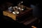 Tea set and lucky money toad on wooden tray