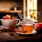 Tea in a steamed white mug, an apple and cinnamon sticks on the table. Comfort, autumn season.