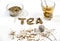 Tea text made by tea leaf on wwhite