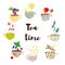Tea time background with cups and different sorts of tea, graphic illustration