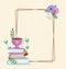 Tea time cute cup on books flowers leaves frame decoration