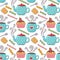 Tea time cute seamless pattern with teacups, teapots and candies