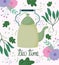 Tea time, green teapot kitchen ceramic drinkware, floral flowers background cartoon
