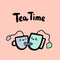 Tea time hand drawn vector illustration in cartoon style with two cups loved valentines day card