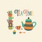 Tea time hand drawn vector illustration with stacked colorful tea cups, teapot, spoon, cupcake and Tea Time quote. Retro vintage