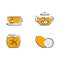 Tea Time Icons Set. Thin line, black contour, outline, yellow mustard fill, flat design. Isolated elements of cup