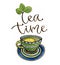 Tea time illustration with calligraphy. Watercolor print with tea cup and lemon. Poster or greeting card design.