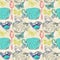 Tea time illustration with flowers and bird, seamless pattern