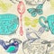 Tea time illustration with flowers and bird, seamless pattern