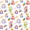 Tea time party repeating pattern. Cupcake cakes, tea, coffee cup