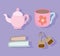 Tea time, pink teapot cup books and teabag, kitchen ceramic drinkware, cartoon design