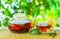 Tea time. Pouring out hot tea into a cup. Green nature background.