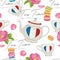 Tea time print design. French Breakfast seamless pattern. Cute cartoon cups, macaroons, flowers and teapots