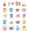Tea time set icons teacup kettle cake cupcake lemon flower beverage icons