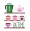 Tea time, shelves with many cups kettles flowers decoration, kitchen ceramic drinkware, floral design cartoon