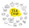 Tea time. Swirls, mugs, teapot, cakes, buns, cups of different designs. Doodle sketch style. Suitable for party