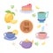 Tea time teacups teapot cake lemon beverage leaf background