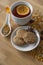 Tea,vegan cookies ,orange and anise on background