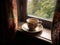 Tea on window sill overlooking nature