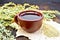 Tea with wormwood in brown cup on table