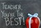 Teacher appreciation image of a red apple tied up with a cute blue ribbon