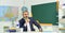 Teacher bearded man chalkboard background. Teacher work. Lecturer in classroom. College high school. Final examination