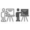 Teacher at blackboard line and solid icon. Visual presentation, lector pointing at board. Education vector design